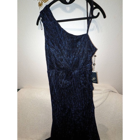 Adrianna Papell Womens Stardust Gown Dress Blue Metallic Pleated Draped 14 New - Picture 2 of 4
